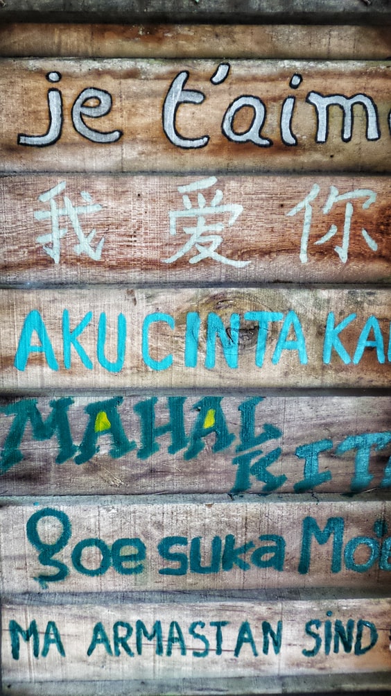different languages written on wooden board